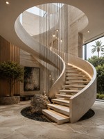 Escalier en colimaçon courbé en verre avec structure en coffrage dissimulé, design en boîte, escalier cantilever