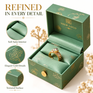 Caja de Joyería de Anillo Verde de Lujo, Caja de Regalo de Papel Duro con Logotipo Personalizado y Cierre de Botón para Empaque de Anillos de Compromiso y Boda - Product Image 4