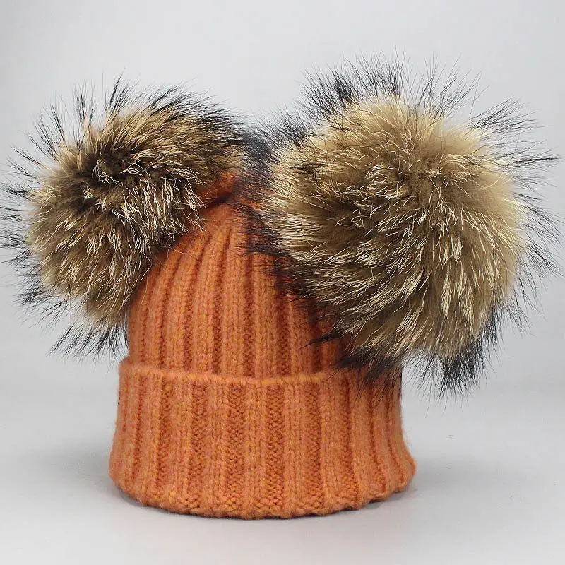 Baby Adult Winter Fur Pompom Hat Pom Poms Beanie Hats Real Double Raccoon Fur for Kids OEM Service Plush Unisex Knitted Thick