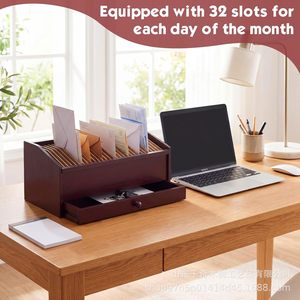 Wooden <b>Desktop</b> Organizer <b>Shelf</b> 32 Slots With Drawer For Receipts Letters Documents Office Desk Mail Storage - Product Image 5