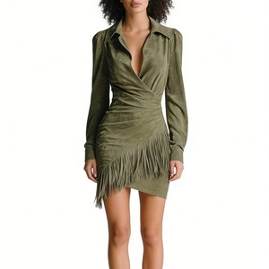 Vestido Mini Cruzado de Ante Sintético para Mujer, Manga Larga, con Flecos en el Bajo, Estilo Western, Vestidos de Fiesta, Moda - Product Image 1