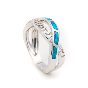 925 With Sterling <b>Silver</b> Greek <b>Key</b> Blue Surrounding Meander Natural Opal Wedding <b>Ring</b> - Product Image 3