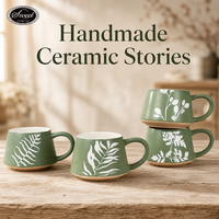 Mug en céramique fait main, finition mate vert sauge, motif de feuilles botaniques vertes et blanches, vente en gros personnalisée