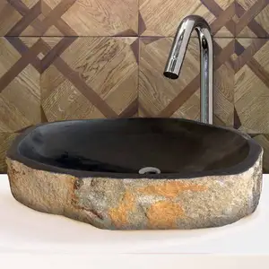 Évier de salle de bain et de cuisine en pierre hexagonale polie noire sculptée à la <span class=keywords><strong>main</strong></span>, en basalte, avec un seul trou - Product Image 1