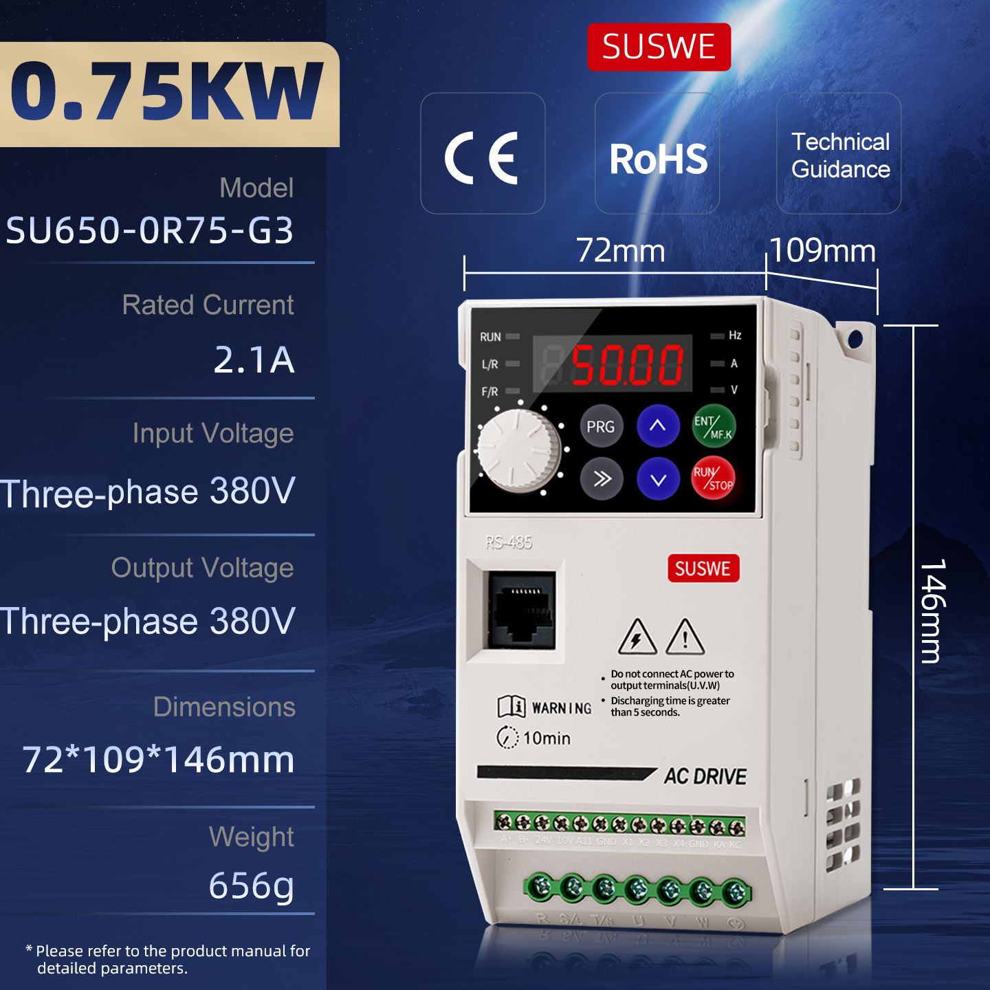 0,75 kW, Entrée triphasée 380 V, Sortie triphasée 380 V