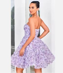 Abito da Sera Corto Stile Fatata Viola per Donna Sensuale Dolce con Spalle Scoperte Decorato con Rose 3D e Perline con Cerniera Taglia Personalizzabile - Product Image 2