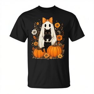 Camiseta Vintage de Halloween con Fantasma Sosteniendo Gato Negro y Diseño Floral, Talla Mediana, Diseño Otoñal, Unisex, Cuello Redondo, Manga Corta, Impresión Digital - Product Image 3