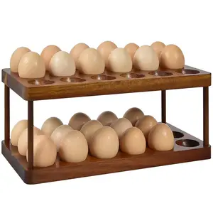 Wooden Double Layer Egg Holder Farmhouse Kitchen Acacia Egg Tray Organizer 2 Tier Fresh Egg Storage Rack Basket