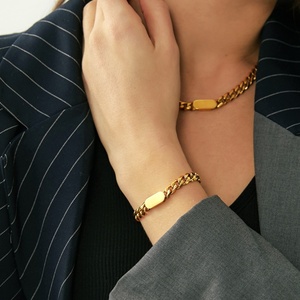 Conjunto de Collar y Pulsera con Colgante de Cadena Cubana de Oro 18K, Estilo INS Cool Wind, Versátil, de Acero Inoxidable Grueso Chapado, Estilo Geométrico Clásico - Product Image 6