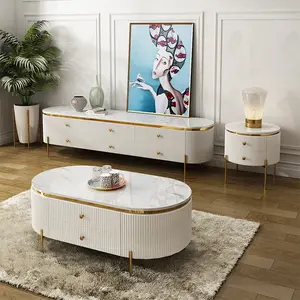 Soporte de mármol superior dorado de acero inoxidable para TV, conjunto de mesa de centro y mesa para sala de estar, muebles de lujo