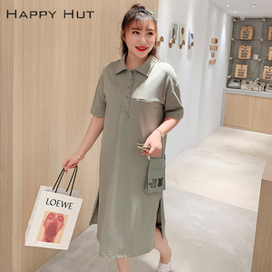 Robe d'été pour femmes grande taille Happy Hut avec col polo et ourlet fendu N7136 Noir Vert Haricot - Product Image 4