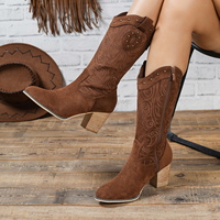 Bottes au genou rétro automne et hiver pour femmes avec broderie pointue fermeture à glissière latérale talon épais bottes à talons hauts mi-mollet