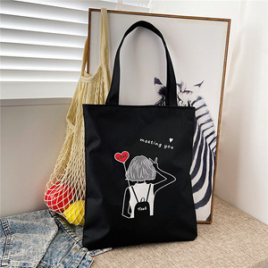 Sac fourre-tout en toile noire écologique avec longue anse, motif logo sérigraphié, taille moyenne, pour publicité, promotion, cadeau, exposition - Product Image 4