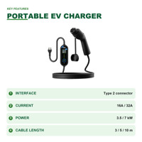 Pengisi Daya EV Portabel Tipe 2 16A/32A Kabel Tetap 3.5/7kW Pistol Pengisian Daya EVSE Rumah OEM ODM