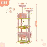 Arbre à chat en bois de 72 pouces avec hamac à structure en acier, motif floral rose, 7 poteaux à gratter et perchoirs pour chats d'intérieur