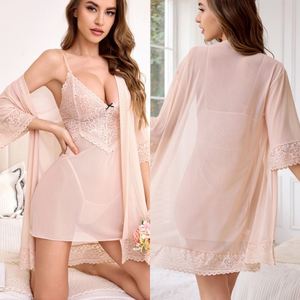 sfy4013 2025 Nuevo Conjunto de Pijama Sexy de Malla de Dos Piezas, Bata y Camisón Erótico con Encaje en Contraste, Lencería Sexy para Chicas Picantes - Product Image 6