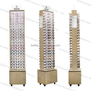 Custom Optical Shop Modern Pop Mobile Floor Anteojos de madera Gafas de sol giratorias <span class=keywords><strong>Torre</strong></span> Soporte de exhibición con rueda, doble cara - Product Image 4