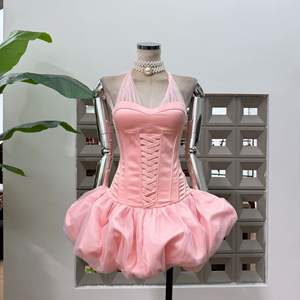 Novità Estate 2026: Mini Abito Sexy da <span class=keywords><strong>Donna</strong></span> Stile Francese con Lacci, Vita Aderente, Rete e Halter, Design a Palloncino - Product Image 2