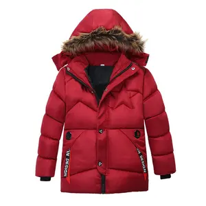 Échantillon gratuit veste d'hiver pour garçons, veste épaisse et chaude avec col en fourrure et fermeture éclair de couleur unie pour enfants