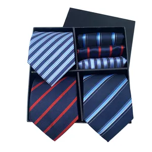 Custom פנאי פס עניבה Mens Cravates Hommes ארוג Mens קשרי כיס כיכר פוליאסטר תיבת סט