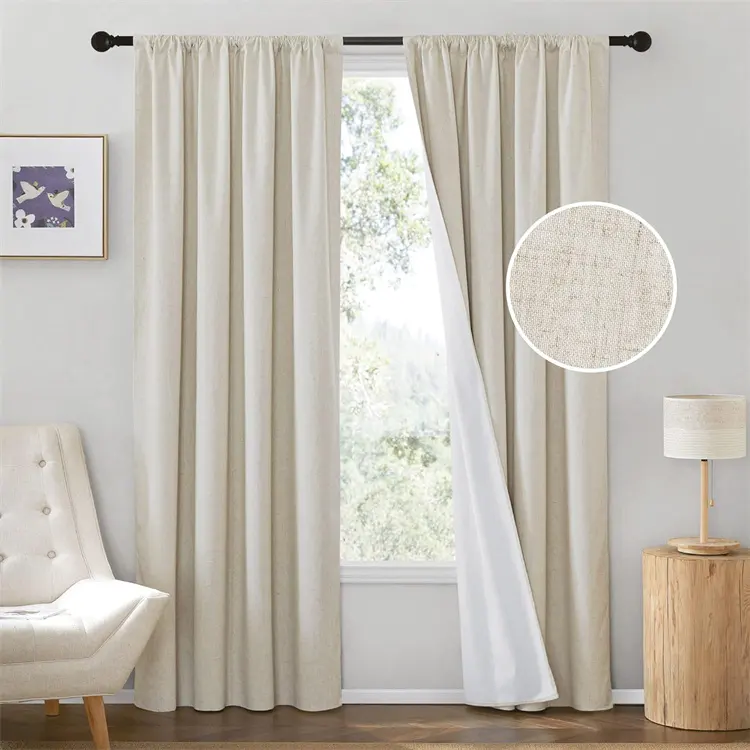 Natural Linen Blended Curtains Burlap Look Drapes Privacy Window 100% Blackout Curtains with White Liner for Living Room Nursery