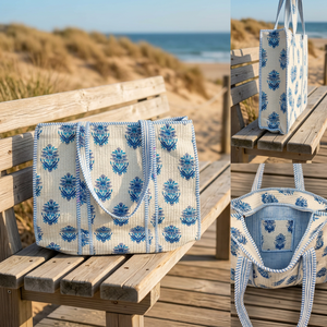 Serene Blue Block Print Quilted Cotton Tote-Handcrafted Sustainable All Seasons Shopping Handbag - Product Image 2