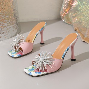 Mules de Lujo con Pedrería para Mujer, Tacones Rosas, Sandalias con Estampado Floral, Elegantes Zapatos de Vestir para la Noche, Pantuflas de Regalo - Product Image 3