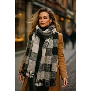 Gray <b>Black</b> White Tasseled Shawl/<b>Scarf</b> with Checked Pattern Knitted Models SAL1283 - Product Image 4