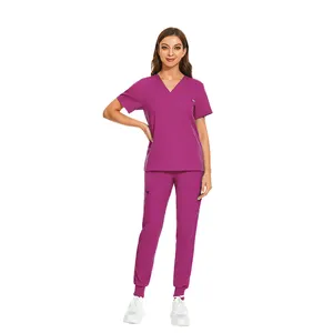 Vendita calda, camice per infermiere in tessuto morbido, lavabile antirughe, set di scrub medici uniformi ospedalieri, set di camici da jogging da donna