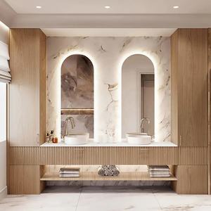 Ensemble de meuble-lavabo de salle de bain moderne de luxe avec éclairage LED, finition laquée, flottant, mural, en MDF et PVC, avec lavabo et miroir - Product Image 1
