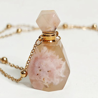 Pendentif flacon de parfum portable en agate de fleur de cerisier naturelle plaqué or, mini breloque pour huiles essentielles d'aromathérapie, flacon vide