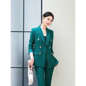 Women's Green Striped Double-Breasted Suit Set Long Sleeve Anti-Wrinkle Worsted Commute Wear - Product Image 1