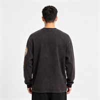 T-shirt à manches longues en coton épais pour homme, style vintage délavé à l'acide, avec poche à patch en chenille, streetwear, pour la vente en gros