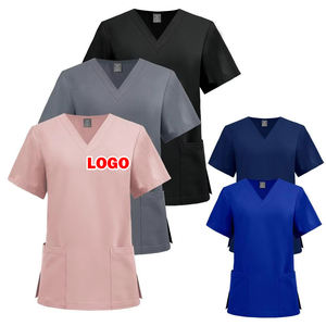 Uniforme de travail unisexe à manches courtes avec poche et col en V élastique, personnalisable avec logo, pour clinique dentaire, hôpital vétérinaire, uniforme de soins infirmiers, polyester et élasthanne - Product Image 1