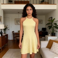 Robe sexy en maille à col halter taille unique pour femme ; Robe d'été unie texturée en lin sans manches, coupe trapèze épaisse et élégante