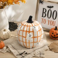 Décoration d'Halloween en céramique : Citrouille noire, blanche et orange, figurine artisanale, ornement de table, cadeau pour la maison et les fêtes