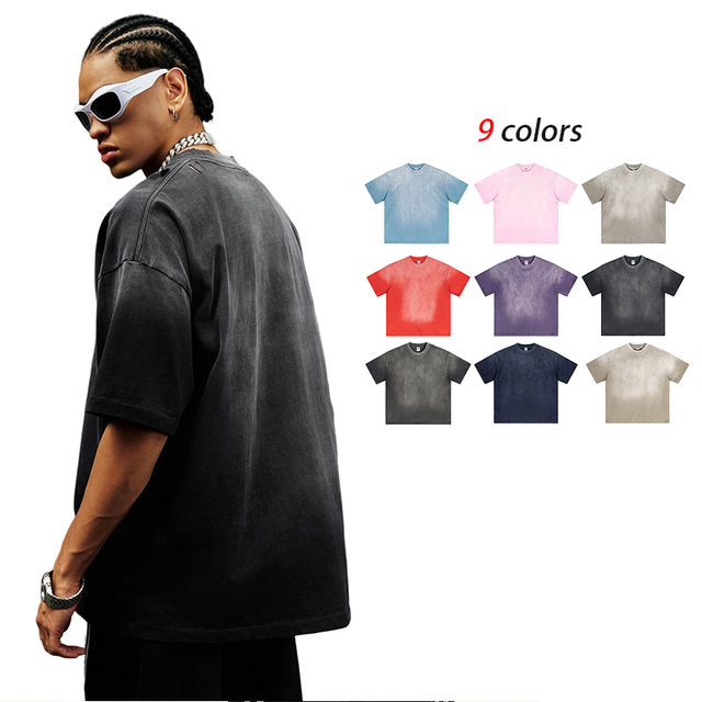 Vintage Acid Wash T Shirt Oversized Boxy Fit Mens Spray Dye T-shirt Streetwear Heavyweight Cotton Blank Washed Faded Tee Custom