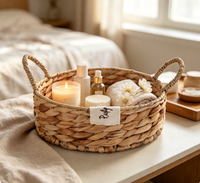 Plateau de rangement rond peu profond en jacinthe d'eau naturelle fait main avec poignées pour fruits, pain, cuisine, table, organisateur de maison