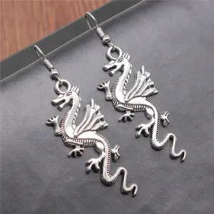 WYSIWYG Wholesale Price Fashionable Vintage Antique Silver Plated Zinc Alloy Dragon Dangle earrings for women E-ABD-C12261