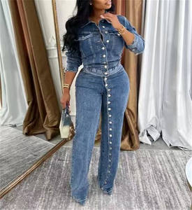 时尚牛仔布2件套女式套装纯色单排扣裁剪上衣和牛仔裤长裤 - Product Image 2