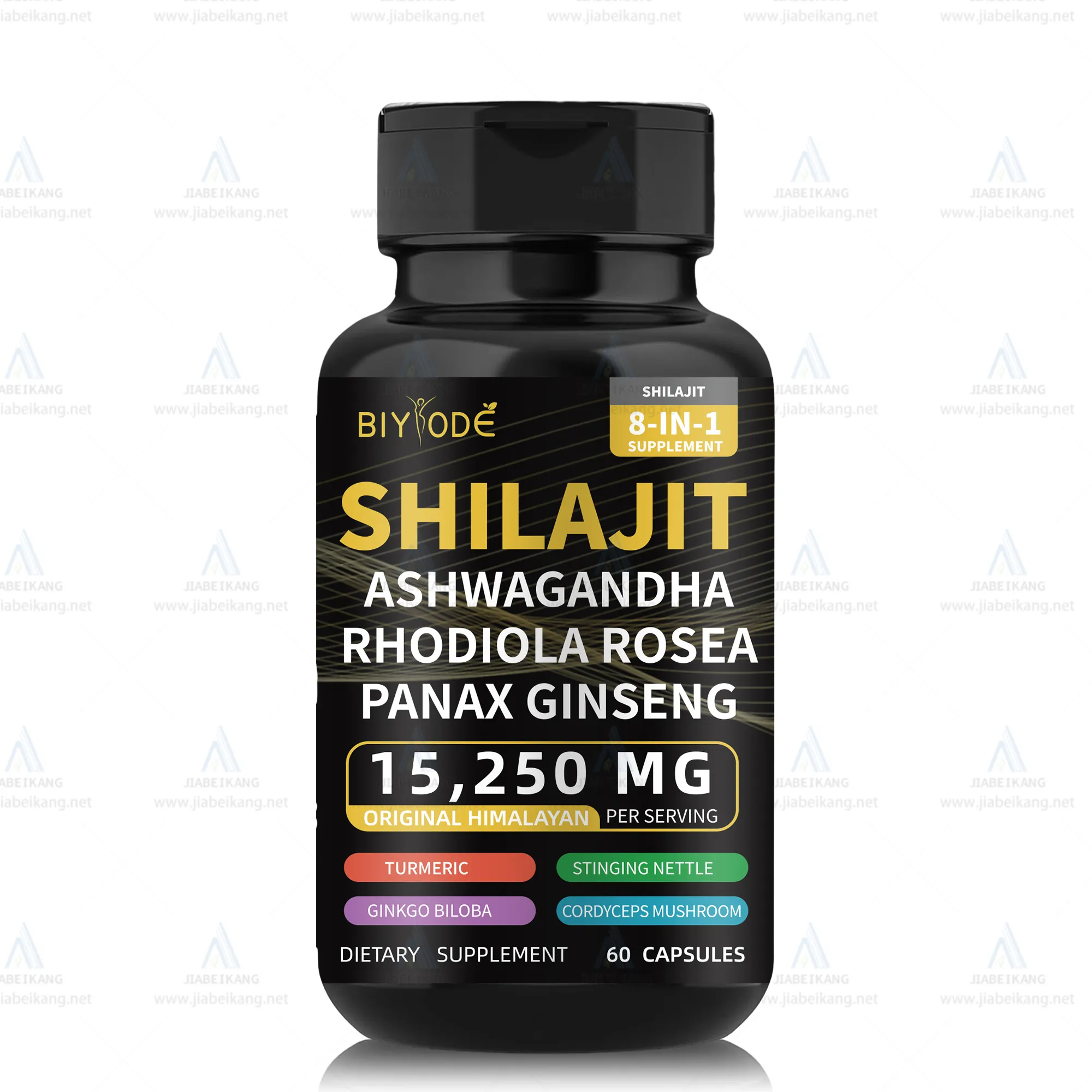 Nouvelle formule prête efficace pour stimuler l'énergie shilajit himalayen pur + ashwagandha + ginseng 15250mg 8 en 1 capsules de shilajit