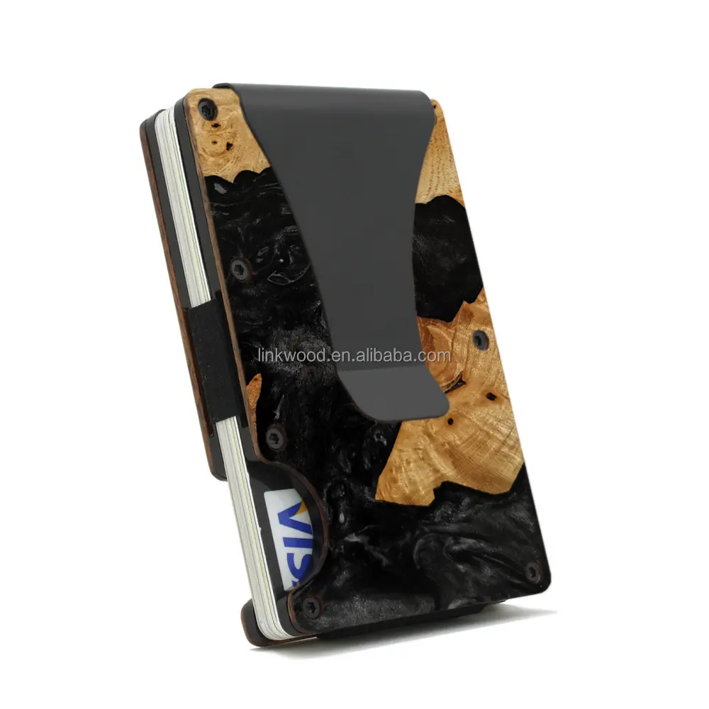 Dompet Logam Kayu/Aluminium Gesper RFID Ultra Tipis Pemegang Kartu Perdagangan Lengan Kartu Anti Maling Ramping Kotak Otomatis Muncul C