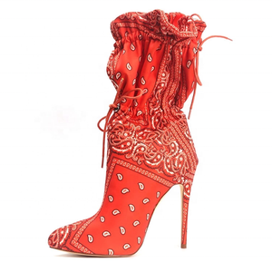 Large Size 43 Bandanna Pointed Toe Women Short Booties Lace up Thin High Heel Ladies Pumps <b>Shoes</b> Ankle Boots - Product Image 1