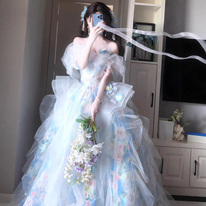 Floral Print Off-The-Shoulder Chiffon Ball Gown Empire Waistline Evening Dress For Women With Veil And Bouquet - Product Image 4