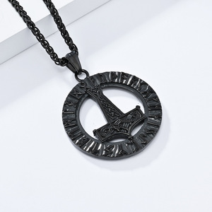 Vintage Nordic Viking Rune Thor's Hammer <b>Titanium</b> Steel Necklace with Rune Text Pendant - Hot Selling Jewelry in Europe and Amer - Product Image 4