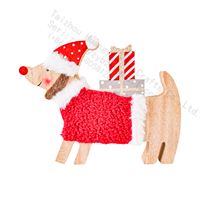 Figurine de chien teckel en bois faite à la main, rustique, avec chapeau de Père Noël, décoration de Noël, ornement de table, 21 cm