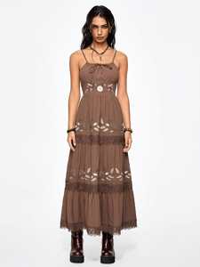 Robe longue tissée en coton 100% pour femme, marron, avec broderie appliquée, col carré, manches courtes, style décontracté et élégant, idéale pour l'été - Product Image 4