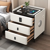 Mesita de Noche Inteligente de Madera con Carga Inalámbrica y LED de 3 Colores, Bluetooth y Bloqueo con Contraseña, Mueble Moderno para Dormitorio o Sala de Estar