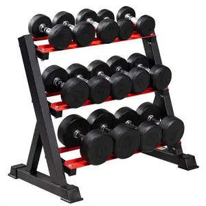 Peralatan Fitness Gym 3 Tingkat Rak Dumbbell Baja Dilapisi Karet Rak Dumbbell 6 Pasang 8 Pasang untuk Dijual