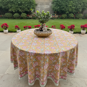 Venta al por mayor hecho a mano Biscotti amarillo indio Floral mano bloque impreso puro algodón personalizable mantel cubierta de mesa granja - Product Image 1